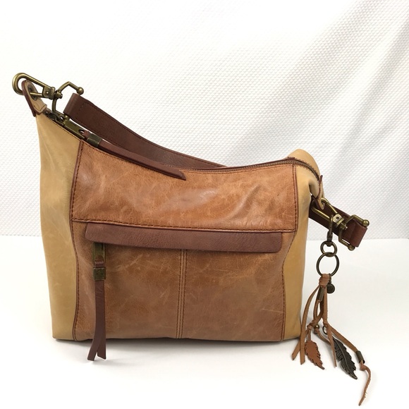 THE SAK Tan/Brown Distressed Leather Boho Hobo Shoulder Bag with Feathers Charm - Picture 1 of 12